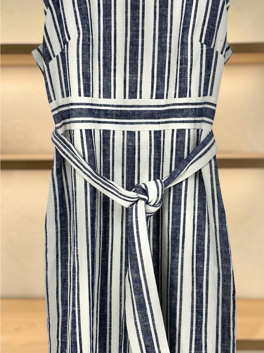 J.Crew‎ Women’s Blue/White Striped Linen Blend Sleeveless Belted Dress - 16Tall